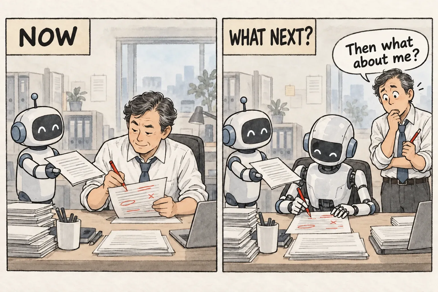 A two-panel editorial cartoon: under “Now,” a human revises an AI draft with a red pencil; under “What next?”, another AI takes over the reviewer's seat while the human asks, “Then what about me?”