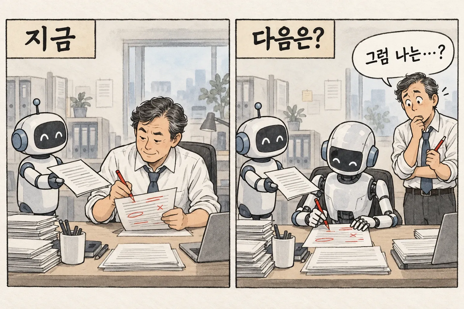 두 칸 만평. ‘지금’에는 사람이 AI의 초안을 빨간 연필로 수정하고, ‘다음은?’에서는 다른 AI가 그 검토 자리까지 맡자 사람이 ‘그럼 나는…?’이라고 묻는다.