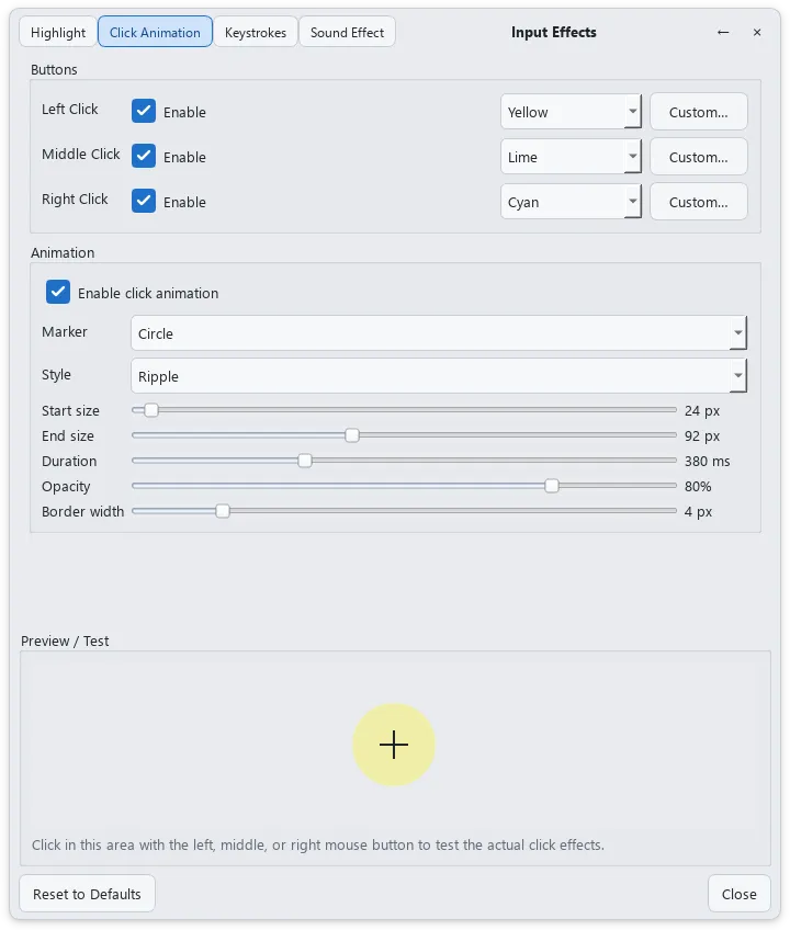 LCapture Click Animation 탭의 마우스 버튼별 색상과 Ripple 애니메이션 설정