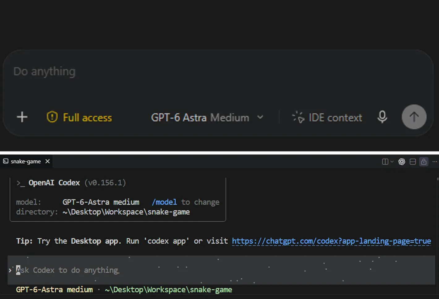 Codex Agent composer showing Full access, the model and reasoning level, and IDE context above a terminal running Codex CLI