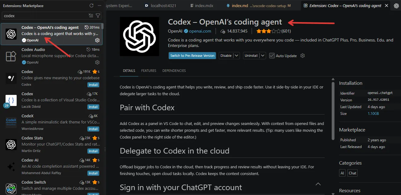 VS Code extension search showing the Codex extension published by OpenAI