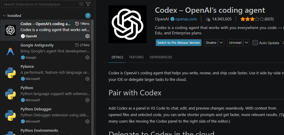 The VS Code extension page showing OpenAI as the publisher of Codex