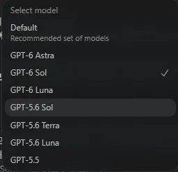 The model selection menu in Codex