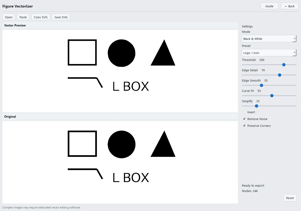 도형과 L BOX 문자가 있는 원본 이미지와 SVG 변환 미리보기를 비교하는 Figure Vectorizer 화면