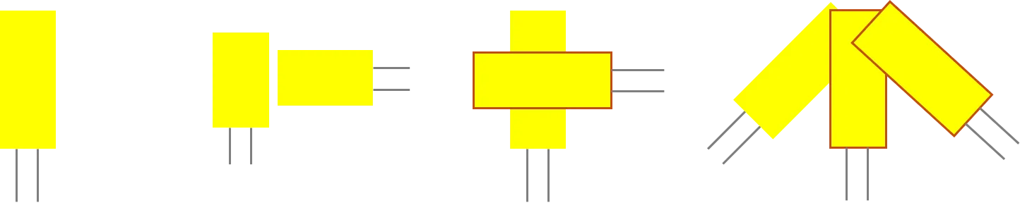 From left: a rectangular symbol for a single-element gauge, two perpendicular single-element gauges, overlapping biaxial gauges, and a three-element rosette arrangement.