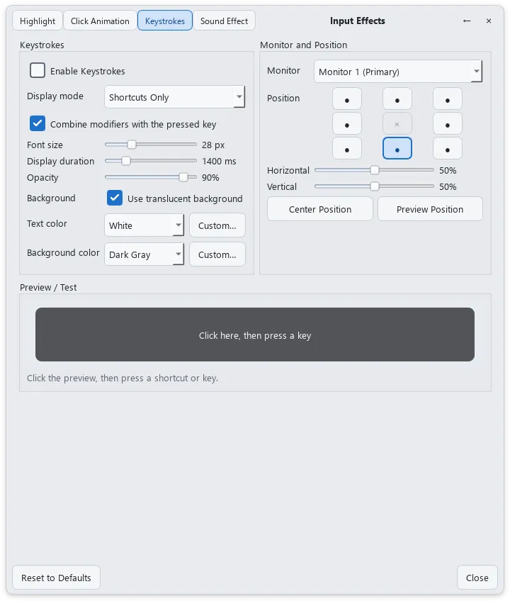LCapture Keystrokes 탭의 Shortcuts Only 모드, 글자 크기, 배경과 모니터별 표시 위치 설정
