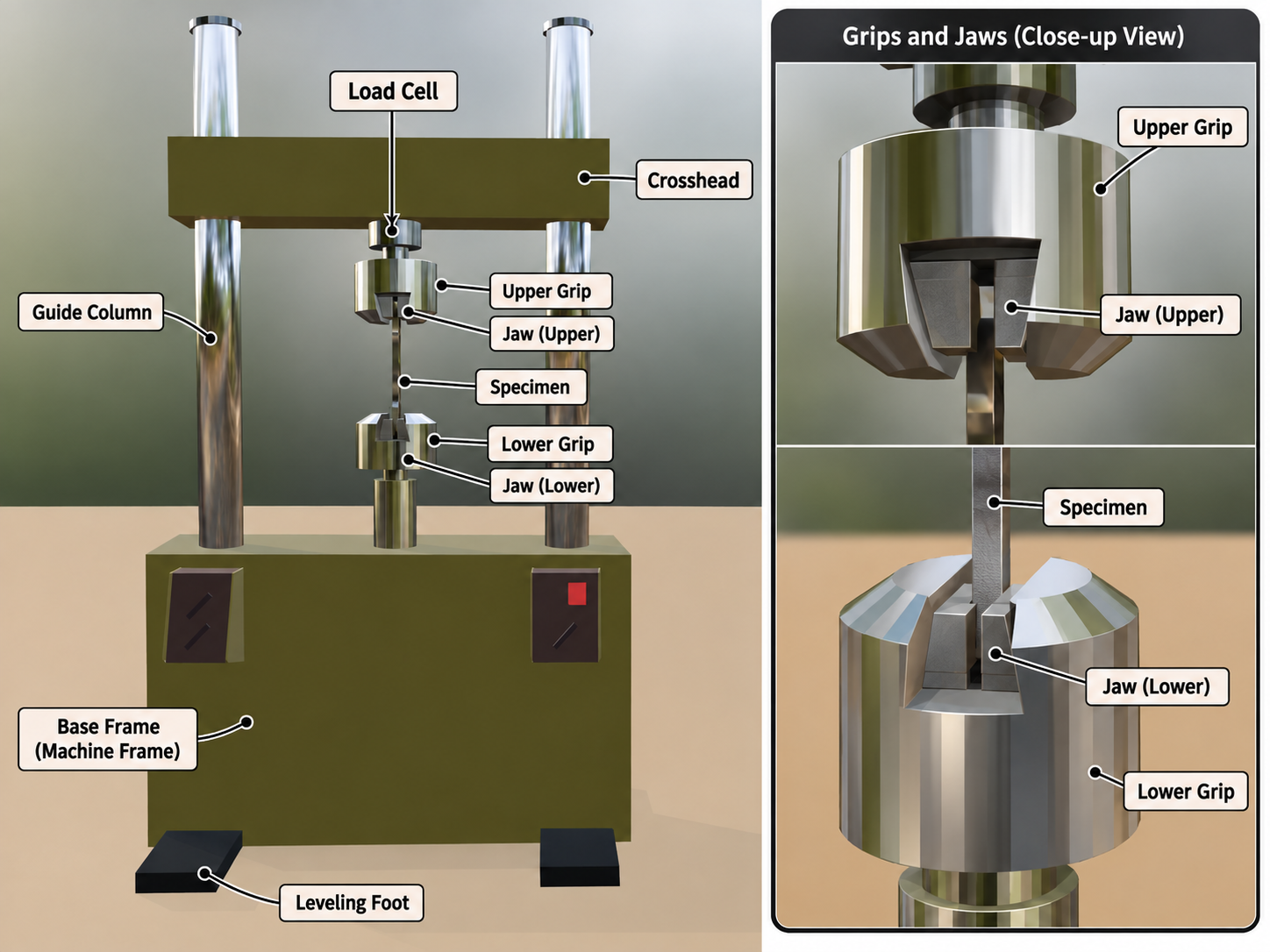 Example of a tensile-testing setup using a universal testing machine
