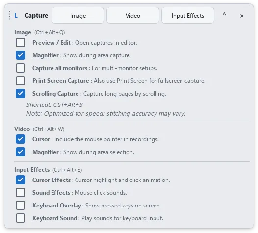 LCapture 플로팅 툴바의 Image·Video·Input Effects 버튼과 펼쳐진 기능별 옵션