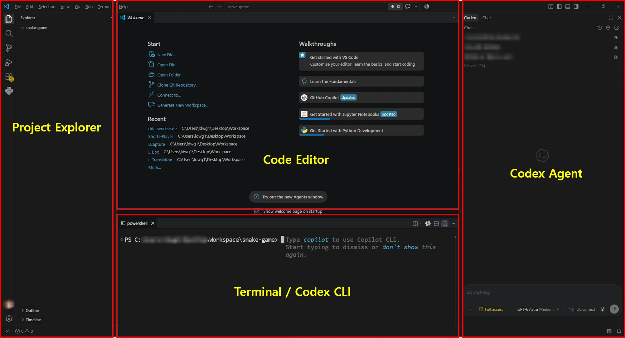 VS Code workspace showing Project Explorer on the left, Code Editor in the center, Codex Agent on the right, and the Terminal and Codex CLI area below