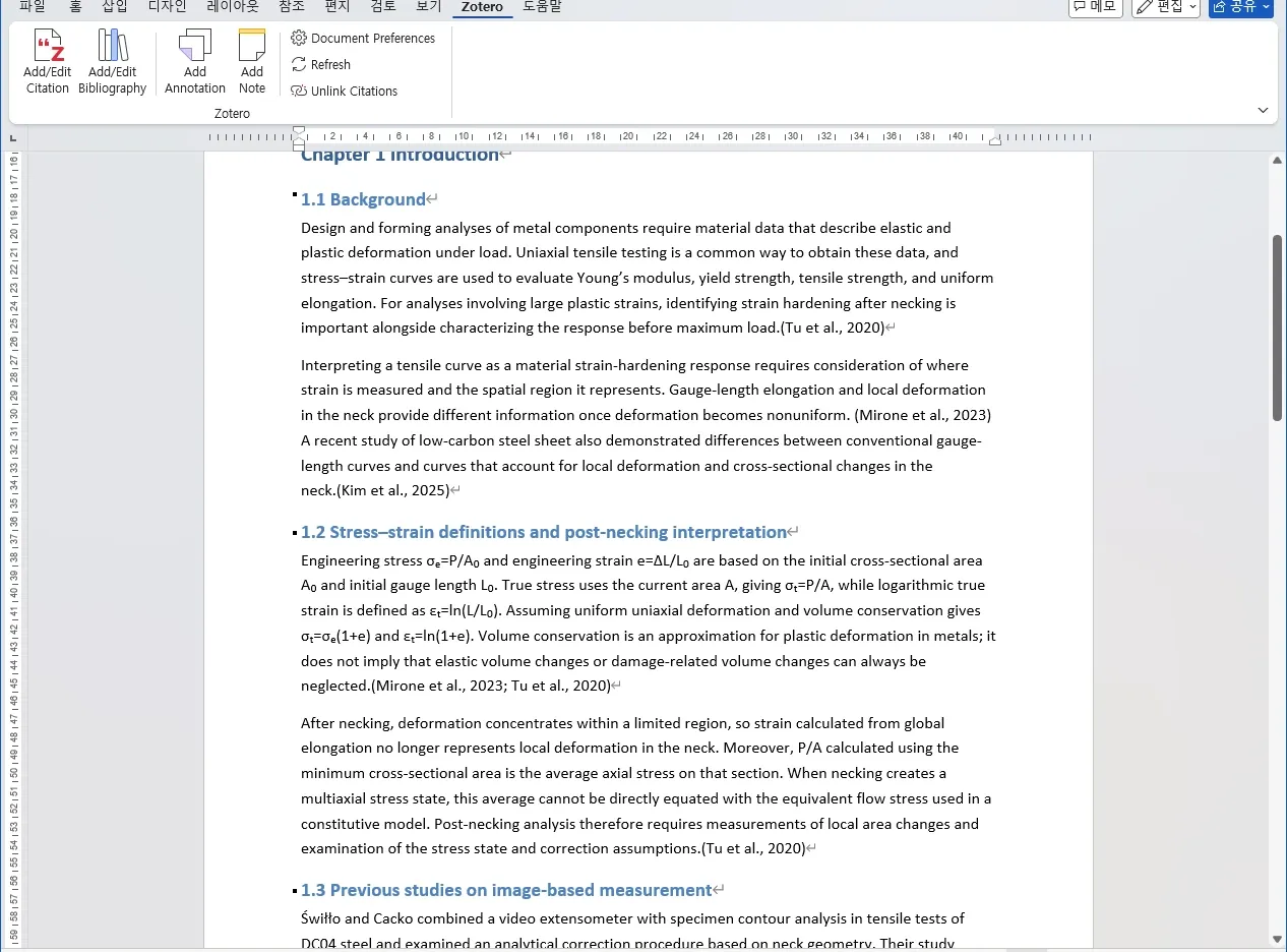 After changing the same introduction to APA 7, the Mirone and Kim citations appear in author–date format in Word